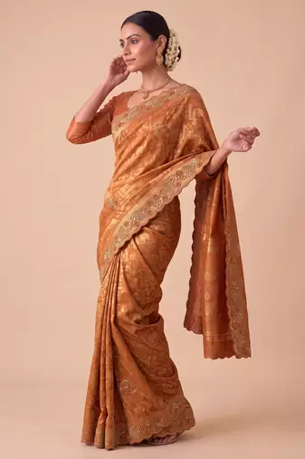 ravishing rust orange embroidery work with real bits work banarasi silk blend latest designer indian saree