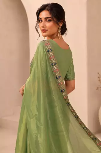 captivating pista green embroidery work with real bits work fendy satin latest designer indian ceremonial saree