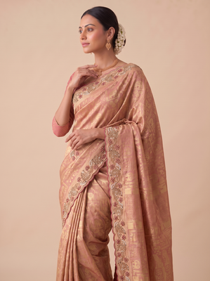 spellbinding olive green embroidery work with real bits work banarasi silk blend indian designer wedding saree 4