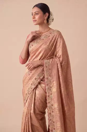 spellbinding olive green embroidery work with real bits work banarasi silk blend indian designer wedding saree