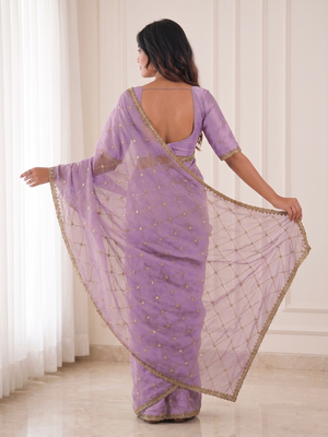 mesmerizing purple embroidery work with real bits work fendy satin latest designer indian saree 4