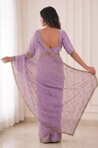 mesmerizing purple embroidery work with real bits work fendy satin latest designer indian saree