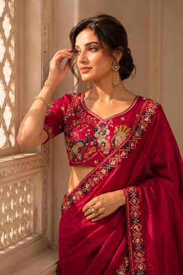 delightfully rani-pink embroidery work with real bits work fendy satin indian wedding and saree 5