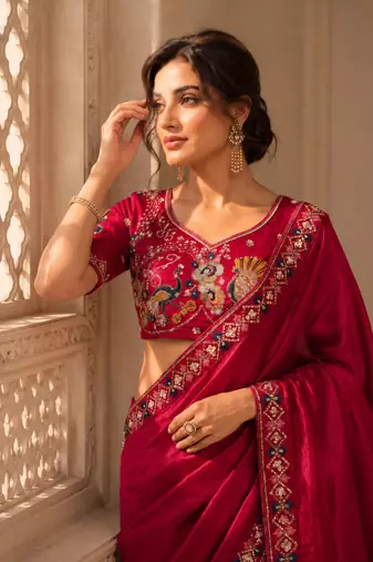delightfully rani-pink embroidery work with real bits work fendy satin indian wedding and saree