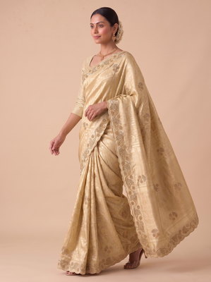 irresistible biege embroidery work with real bits work banarasi silk blend indian saree 3