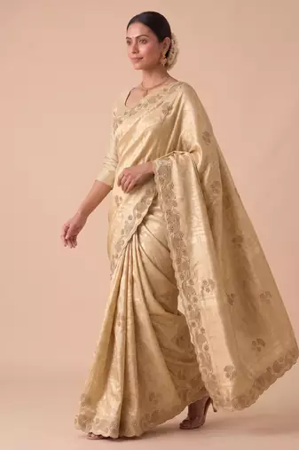 irresistible biege embroidery work with real bits work banarasi silk blend indian saree