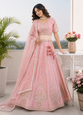 Baby Pink Sanal Silk Jardoshi Beda Embroidered Lehenga Choli With Net Dupatta 1
