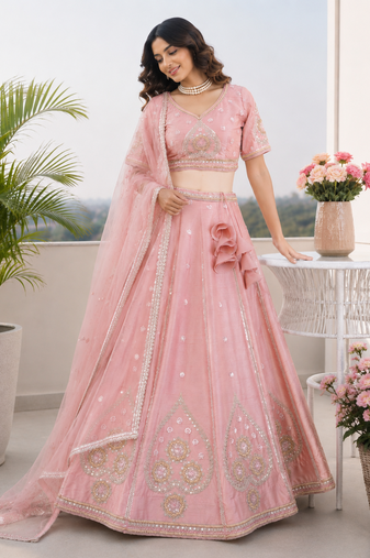 Baby Pink Sanal Silk Jardoshi Beda Embroidered Lehenga Choli With Net Dupatta