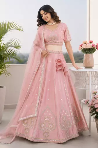 Baby Pink Sanal Silk Jardoshi Beda Embroidered Lehenga Choli With Net Dupatta