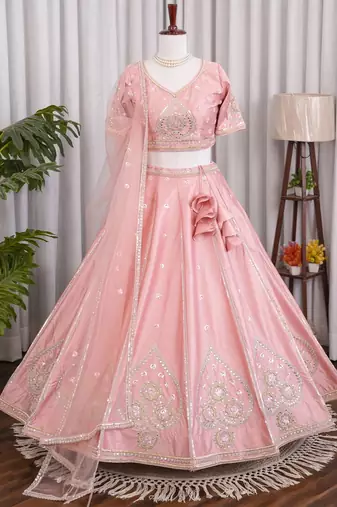 Baby Pink Sanal Silk Jardoshi Beda Embroidered Lehenga Choli With Net Dupatta