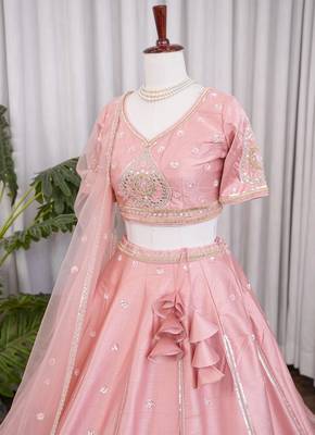 Baby Pink Sanal Silk Jardoshi Beda Embroidered Lehenga Choli With Net Dupatta 3