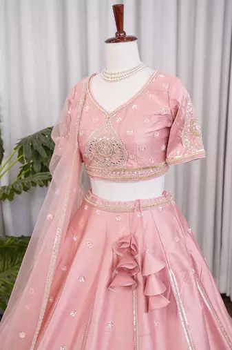 Baby Pink Sanal Silk Jardoshi Beda Embroidered Lehenga Choli With Net Dupatta