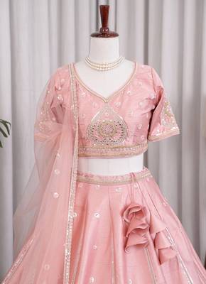 Baby Pink Sanal Silk Jardoshi Beda Embroidered Lehenga Choli With Net Dupatta 4