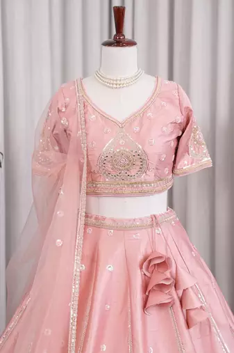 Baby Pink Sanal Silk Jardoshi Beda Embroidered Lehenga Choli With Net Dupatta