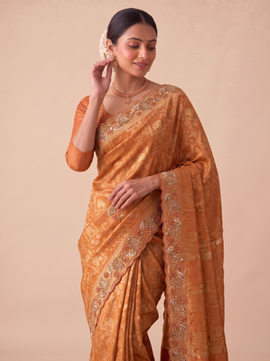 ravishing rust orange embroidery work with real bits work banarasi silk blend latest designer indian saree 4