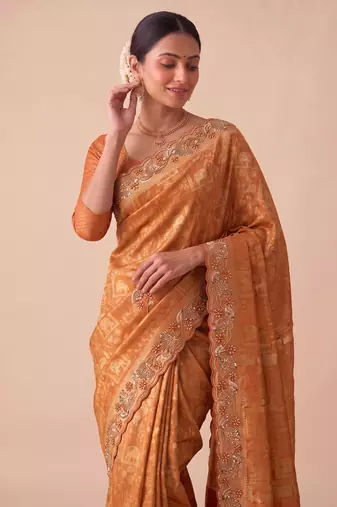 ravishing rust orange embroidery work with real bits work banarasi silk blend latest designer indian saree