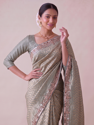 dazzling mint-green embroidery work with real bits work banarasi silk blend latest designer indian saree 5