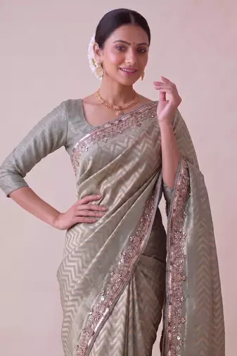 dazzling mint-green embroidery work with real bits work banarasi silk blend latest designer indian saree