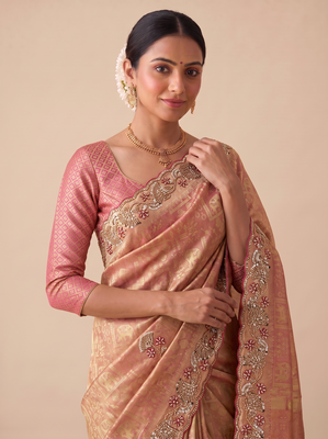 spellbinding olive green embroidery work with real bits work banarasi silk blend indian designer wedding saree 5