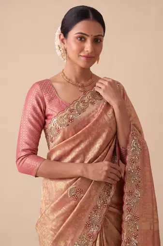 spellbinding olive green embroidery work with real bits work banarasi silk blend indian designer wedding saree