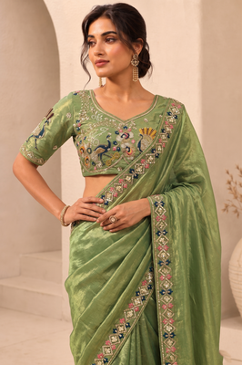 captivating pista green embroidery work with real bits work fendy satin latest designer indian ceremonial saree 5