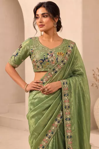 captivating pista green embroidery work with real bits work fendy satin latest designer indian ceremonial saree