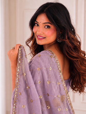 mesmerizing purple embroidery work with real bits work fendy satin latest designer indian saree 5