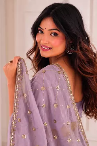 mesmerizing purple embroidery work with real bits work fendy satin latest designer indian saree