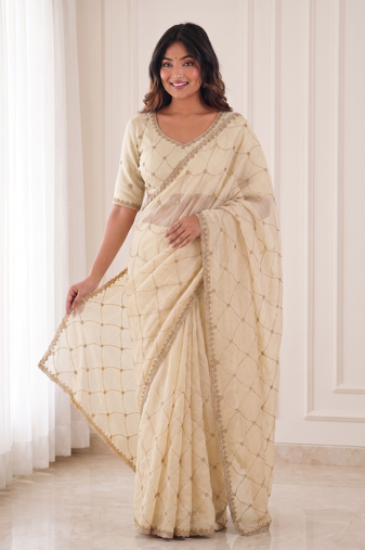 catching off-white embroidery work with real bits work fendy satin indian saree