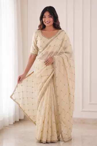 catching off-white embroidery work with real bits work fendy satin indian saree
