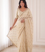 catching off-white embroidery work with real bits work fendy satin indian saree