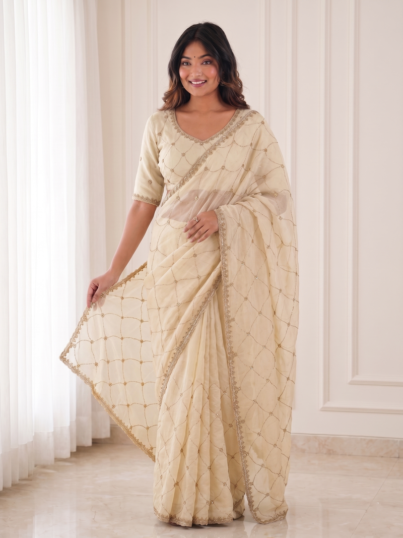 catching off-white embroidery work with real bits work fendy satin indian saree