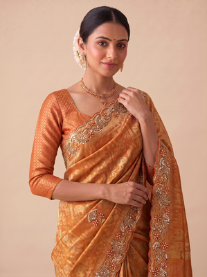 ravishing rust orange embroidery work with real bits work banarasi silk blend latest designer indian saree 5