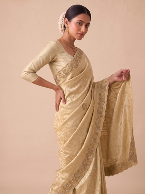 irresistible biege embroidery work with real bits work banarasi silk blend indian saree 4