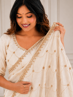 catching off-white embroidery work with real bits work fendy satin indian saree 2