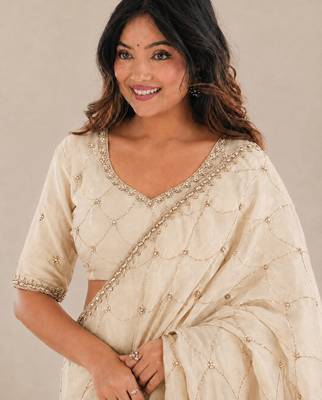 catching off-white embroidery work with real bits work fendy satin indian saree 3