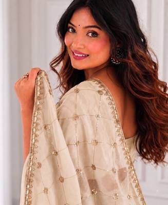 catching off-white embroidery work with real bits work fendy satin indian saree 4