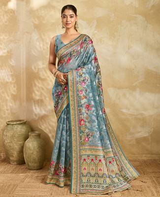 sky blue woven semi cotton silk banarasi saree with blouse 1