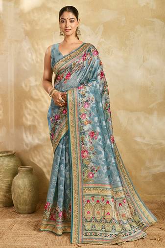 sky blue woven semi cotton silk banarasi saree with blouse