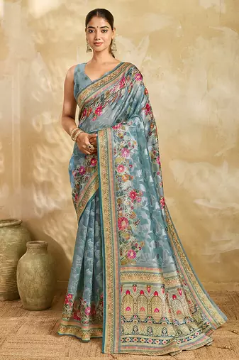 sky blue woven semi cotton silk banarasi saree with blouse