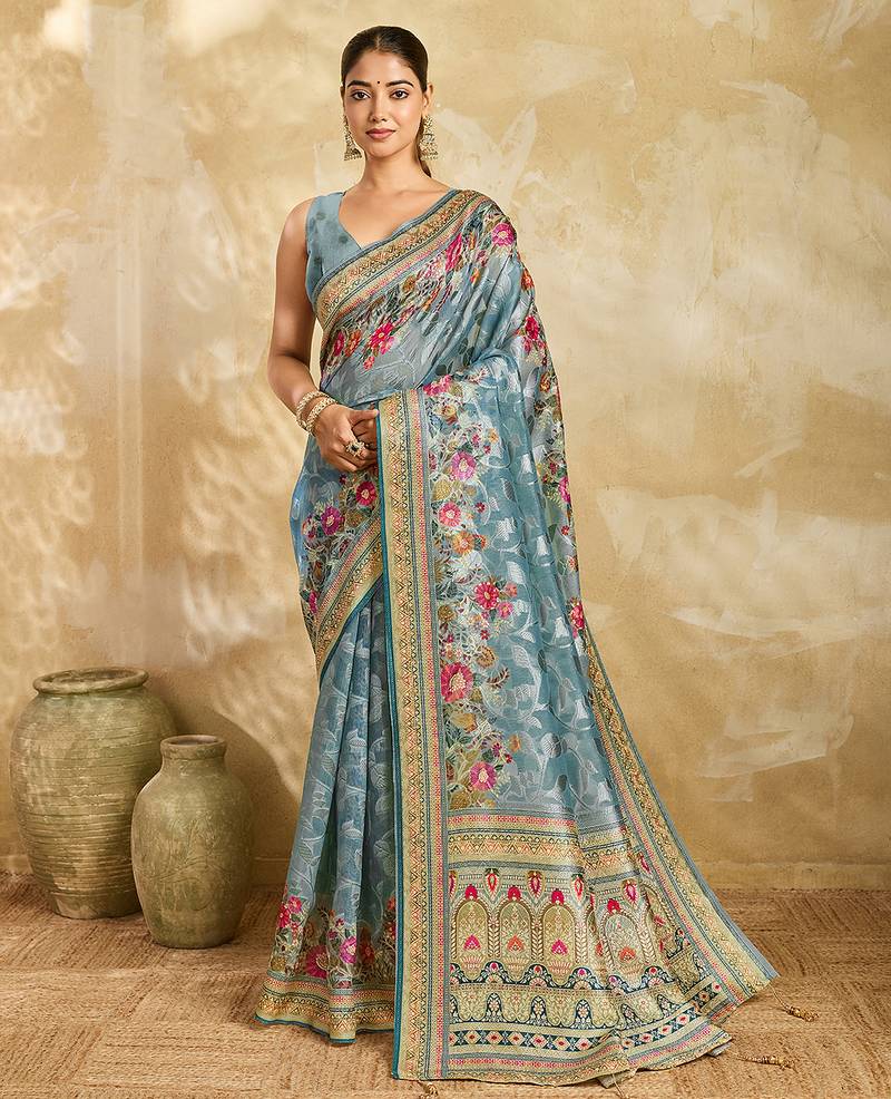 sky blue woven semi cotton silk banarasi saree with blouse