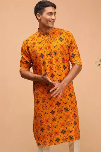 Men yellow patola printed rayon kurta