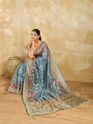 sky blue woven semi cotton silk banarasi saree with blouse 2