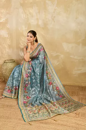 sky blue woven semi cotton silk banarasi saree with blouse