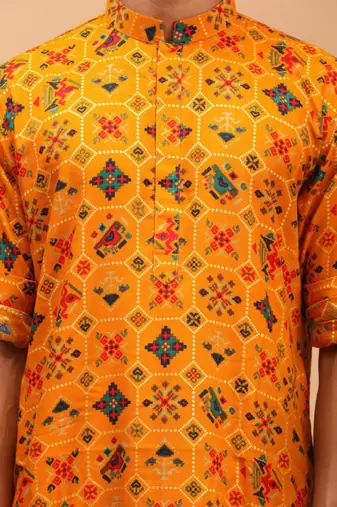 Men yellow patola printed rayon kurta