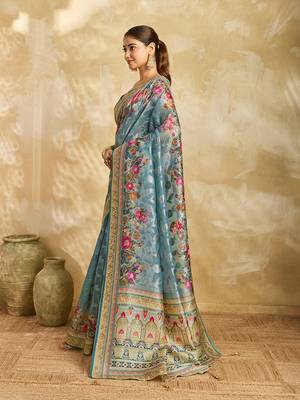 sky blue woven semi cotton silk banarasi saree with blouse 3