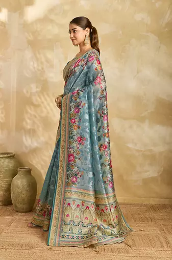 sky blue woven semi cotton silk banarasi saree with blouse