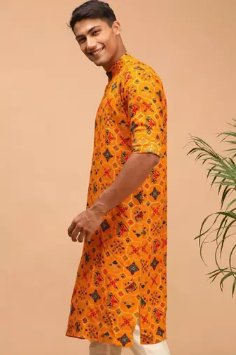Men yellow patola printed rayon kurta