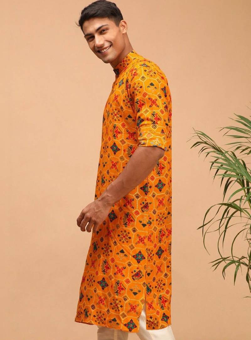 Men yellow patola printed rayon kurta