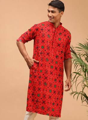 Men red patola printed rayon kurta 1